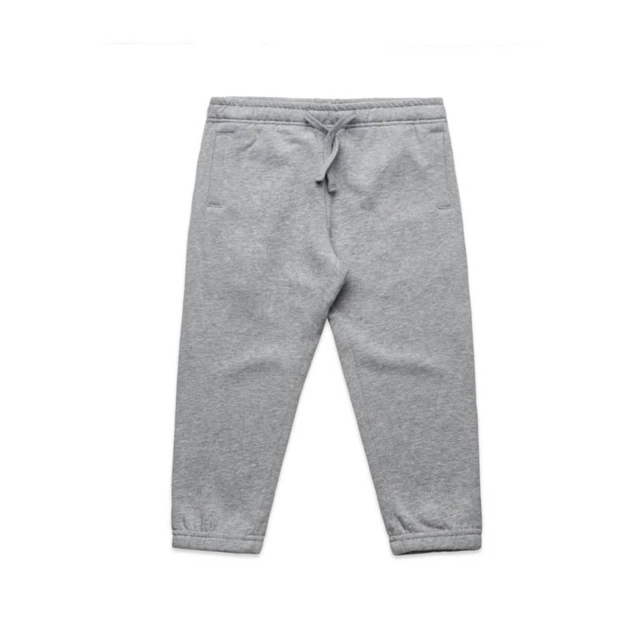 Grey kids' track pants with an elastic waistband and pockets, featuring a logo on one side.
