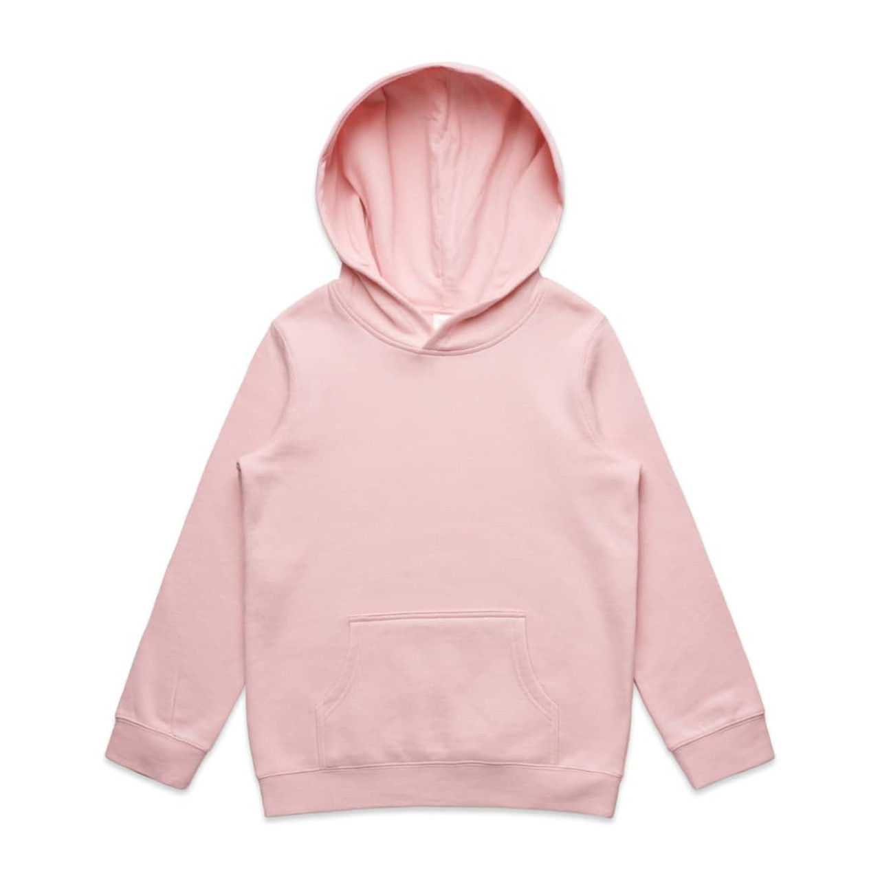 A pink hooded jumper featuring a kangaroo pocket and a hood. The product has a branding logo.