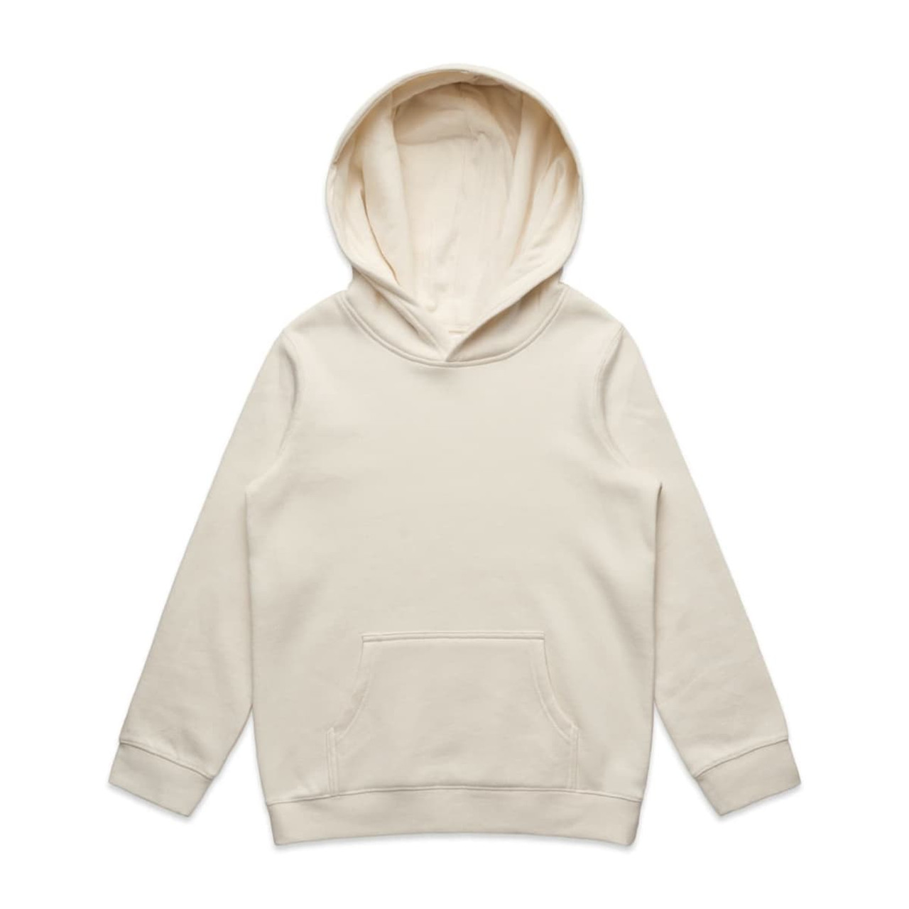 A cream-coloured hoodie with a large hood and a front pocket. It features a subtle logo.