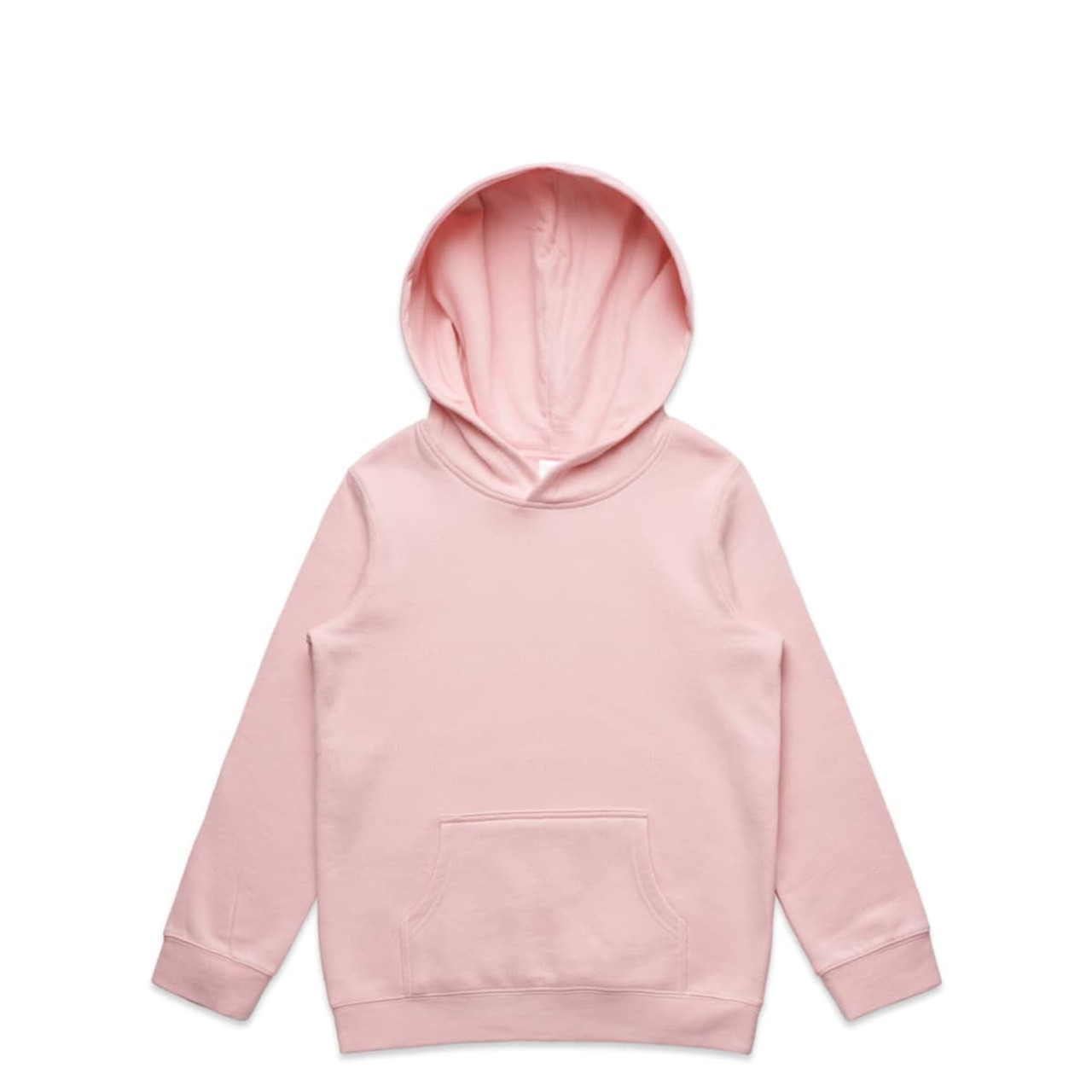 A pink hoodie with a large pocket and a spacious hood. It features a branding logo on the garment.