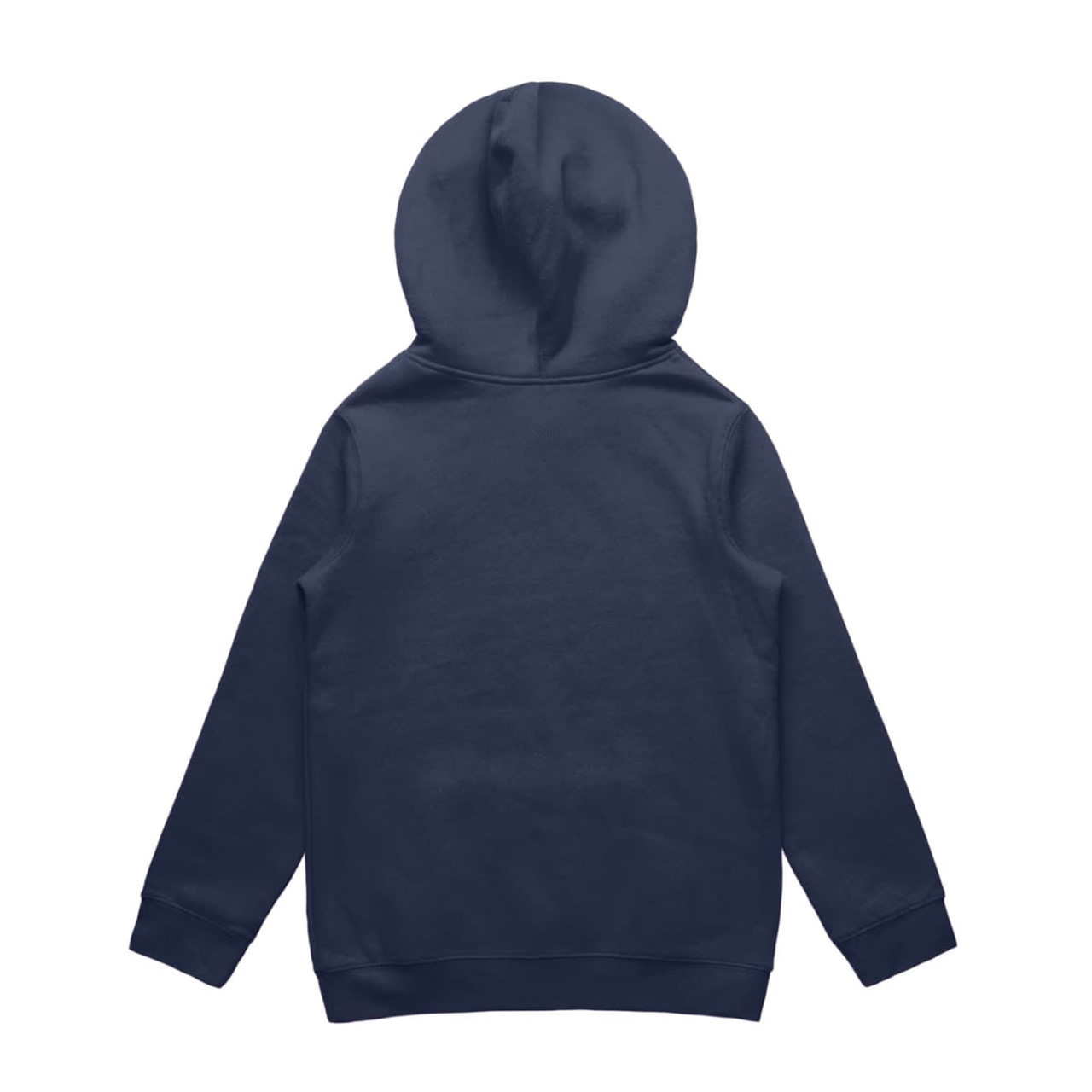 A navy hoodie with a hood, featuring long sleeves and a solid back design. It has a logo on the back.