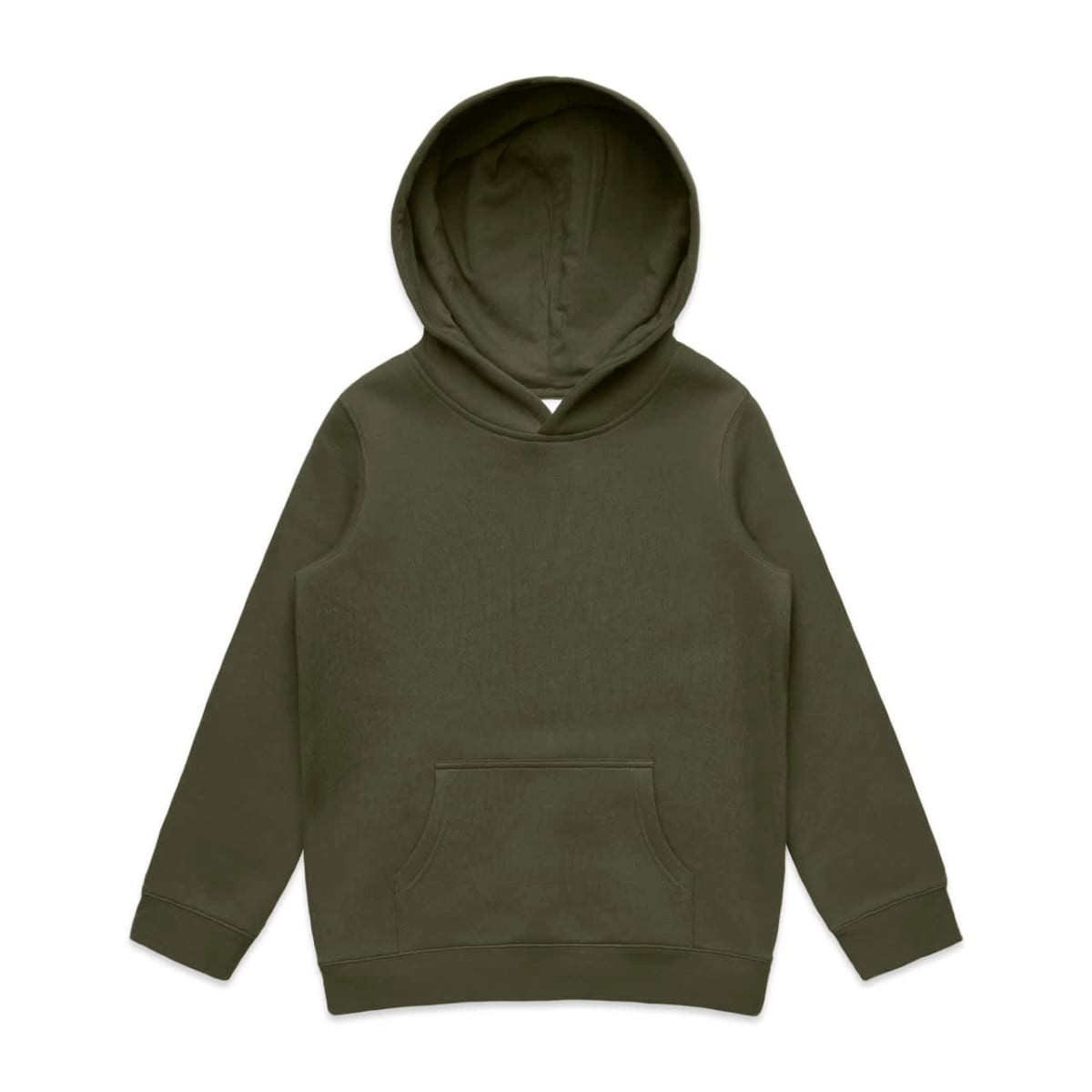 A green hoodie featuring a front pocket and a hood, designed for kids. It has a logo on the label.