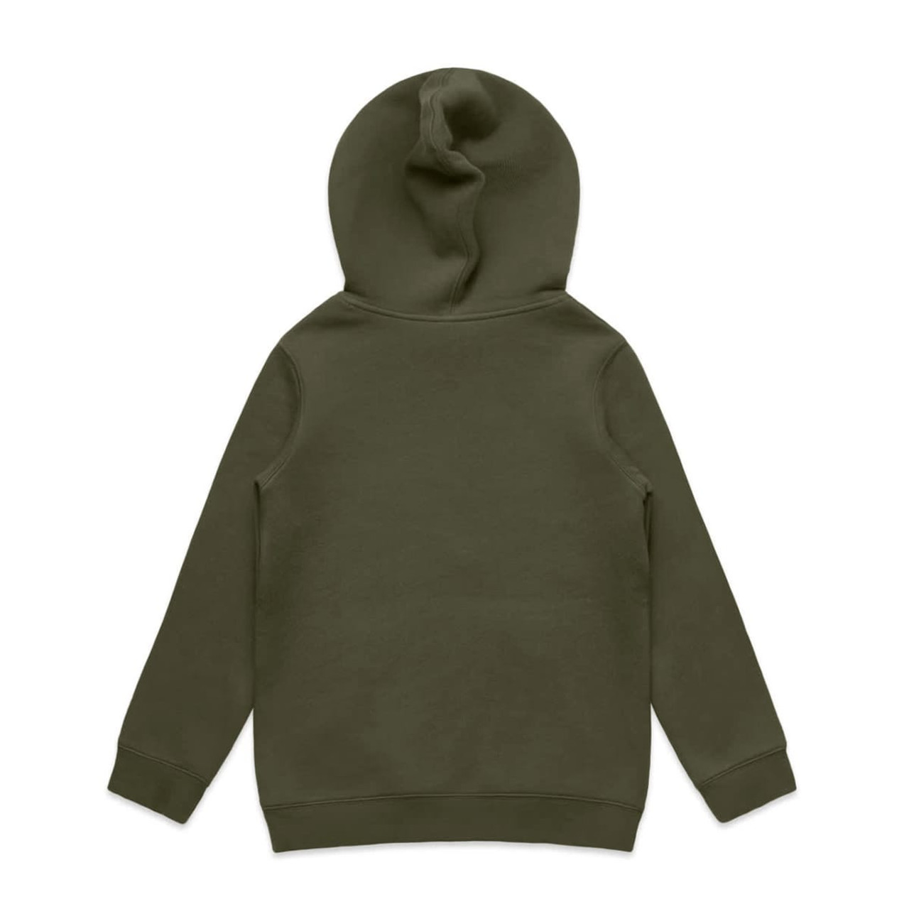 A green hoodie with a back view, featuring a hood and long sleeves. It has a smooth, plain surface and a logo.