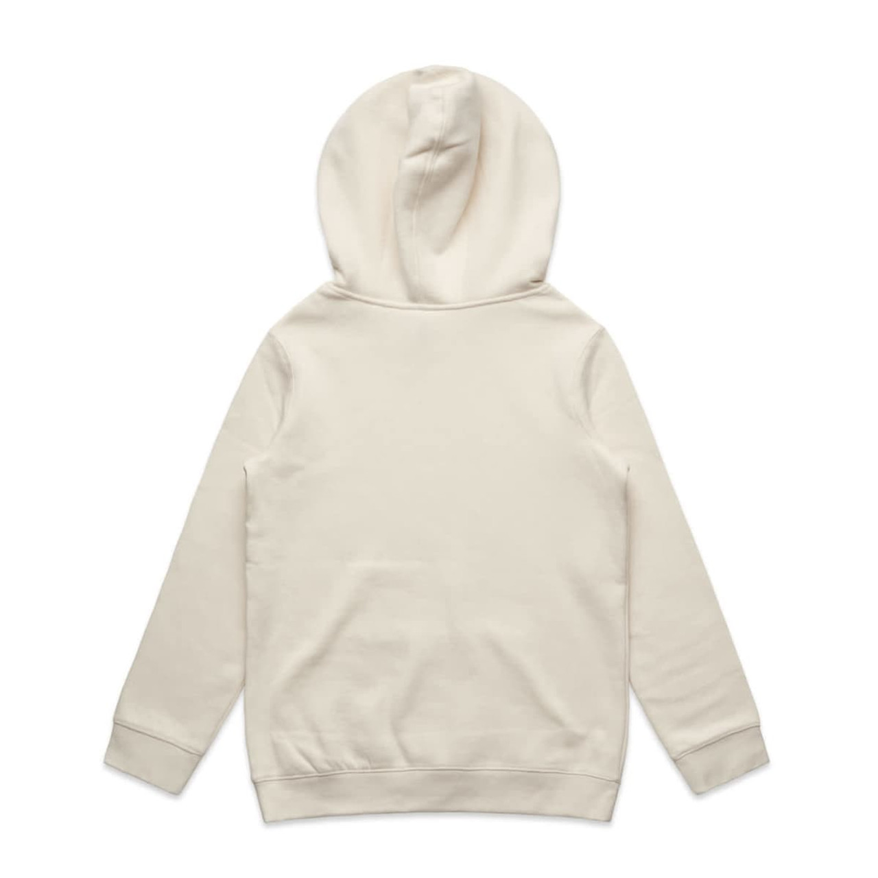 A plain beige hoodie with a hood, featuring long sleeves and a solid back design.