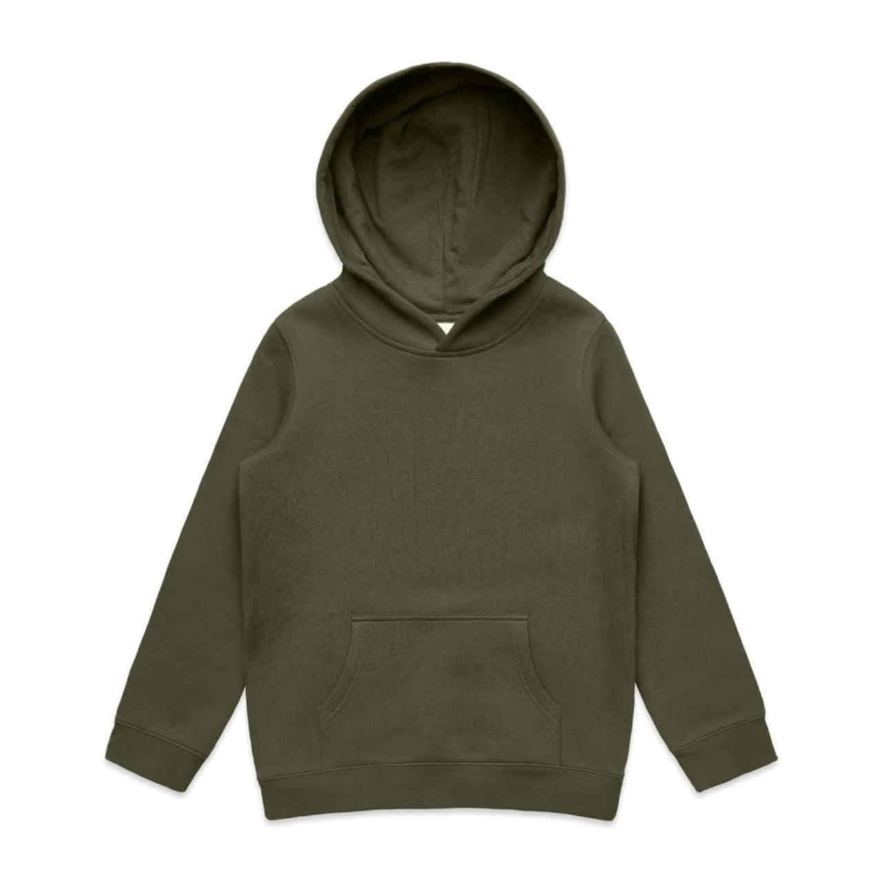 A green hoodie with a front pocket and a hood, featuring a branding logo.