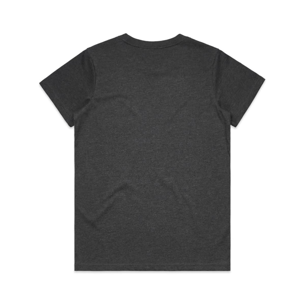 A dark grey t-shirt with a classic crew neck and short sleeves, featuring a logo on the back.