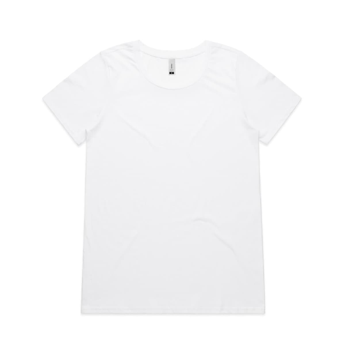 A white t-shirt with a round neckline and short sleeves. It features a logo on the tag.