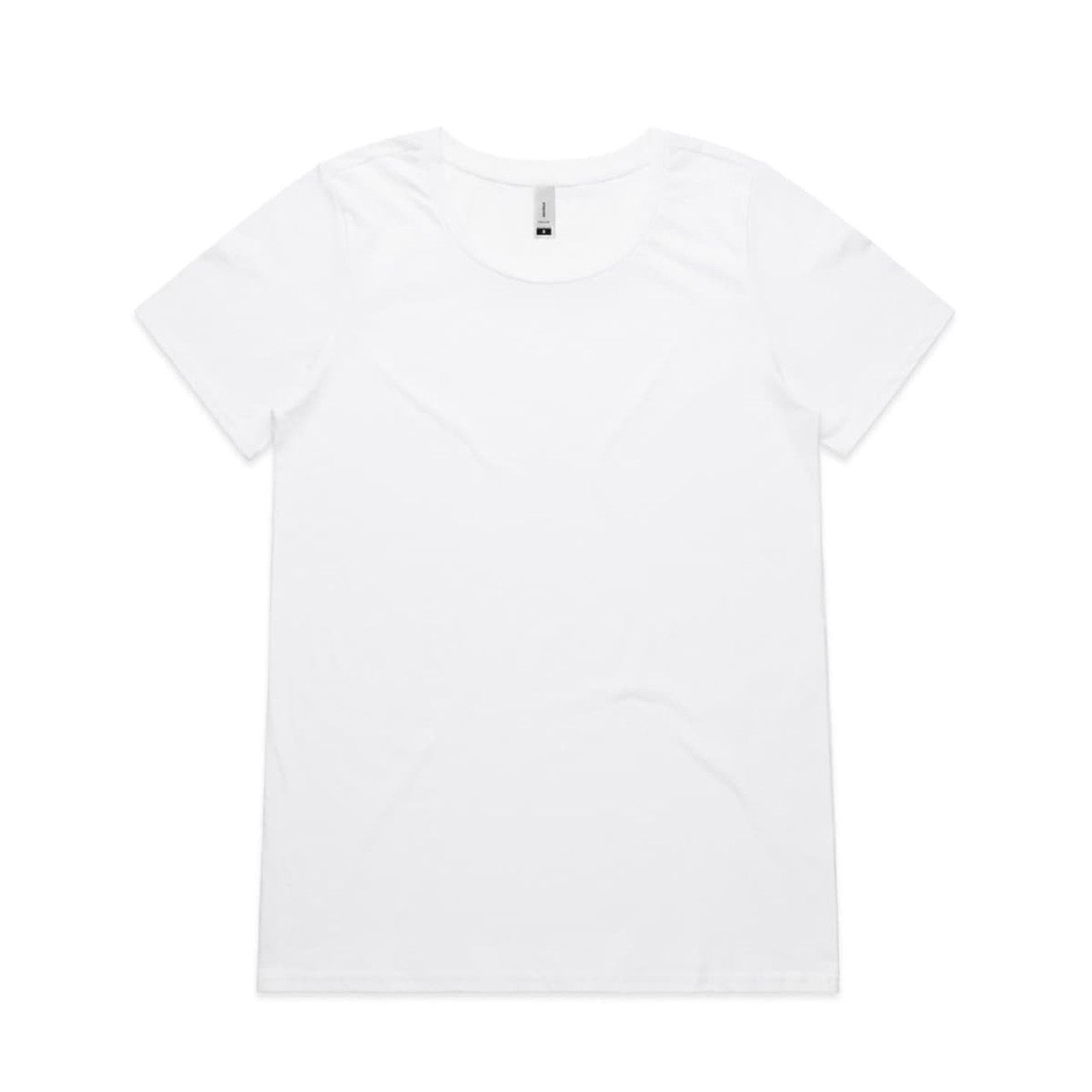 A white t-shirt with a round neckline and short sleeves. It features a logo on the tag.