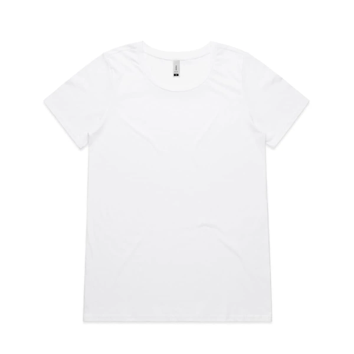 A white t-shirt with a round neckline and short sleeves. It features a logo on the tag.