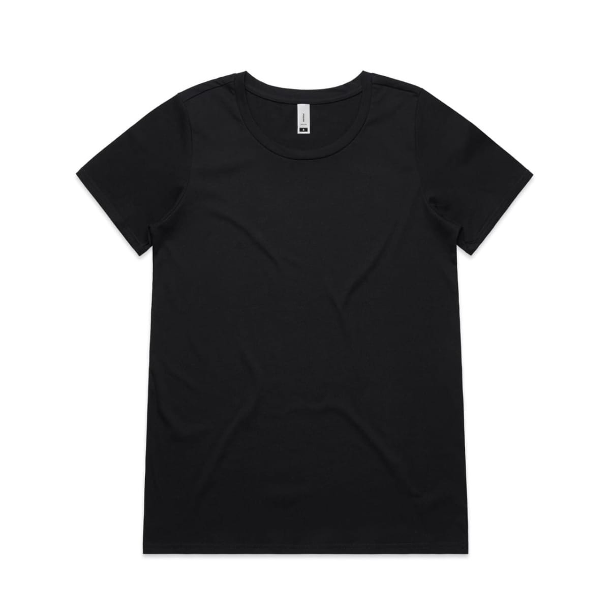 A black t-shirt with a round neckline and short sleeves, featuring a logo tag inside.