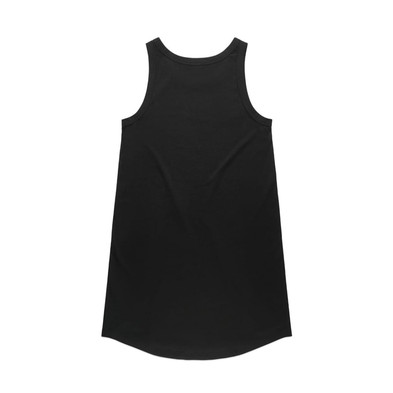 A black sleeveless dress with a slightly curved hemline and a simple design. It features a branding logo.