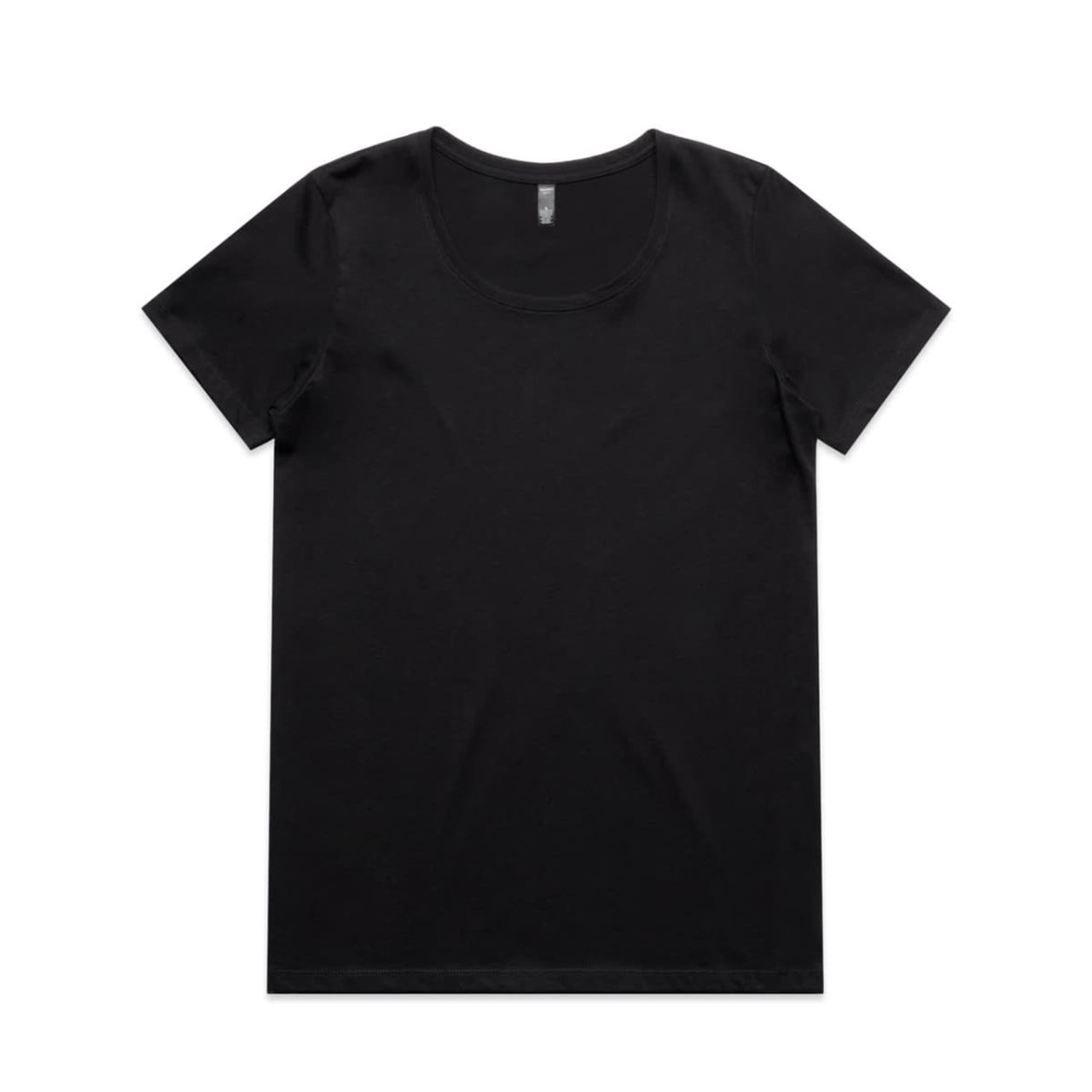 A black t-shirt with a round neckline and short sleeves. The shirt has a logo on the label.