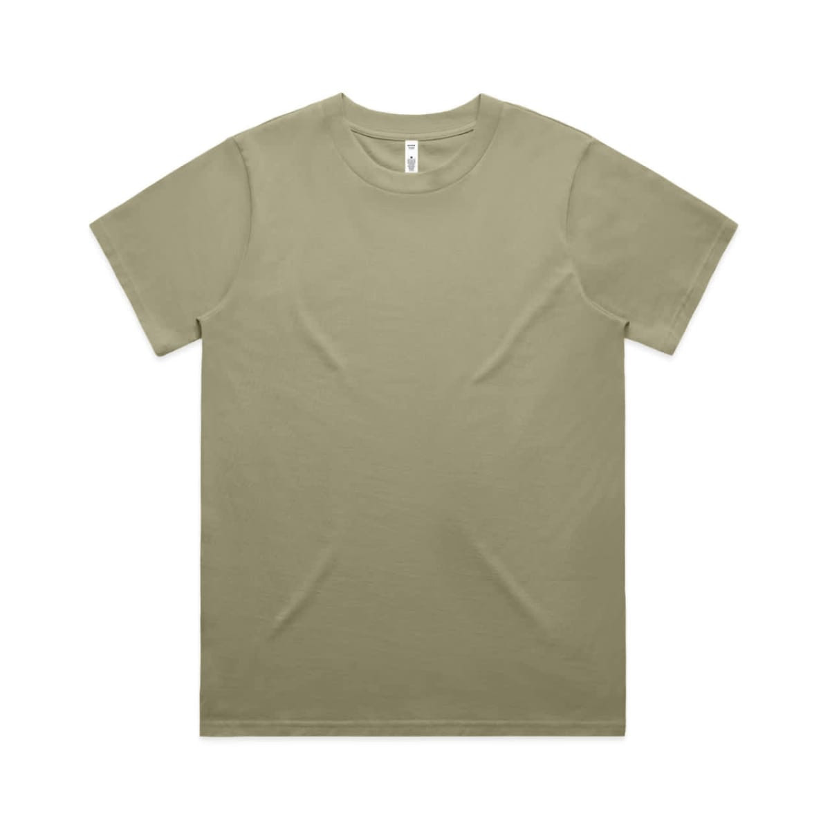 A light olive green t-shirt with a round neckline, featuring a logo on the label.