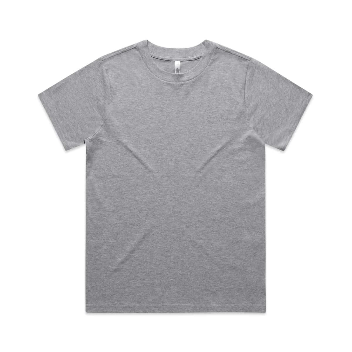 A plain grey T-shirt with short sleeves, featuring a tag inside the neckline and a logo on the hem.