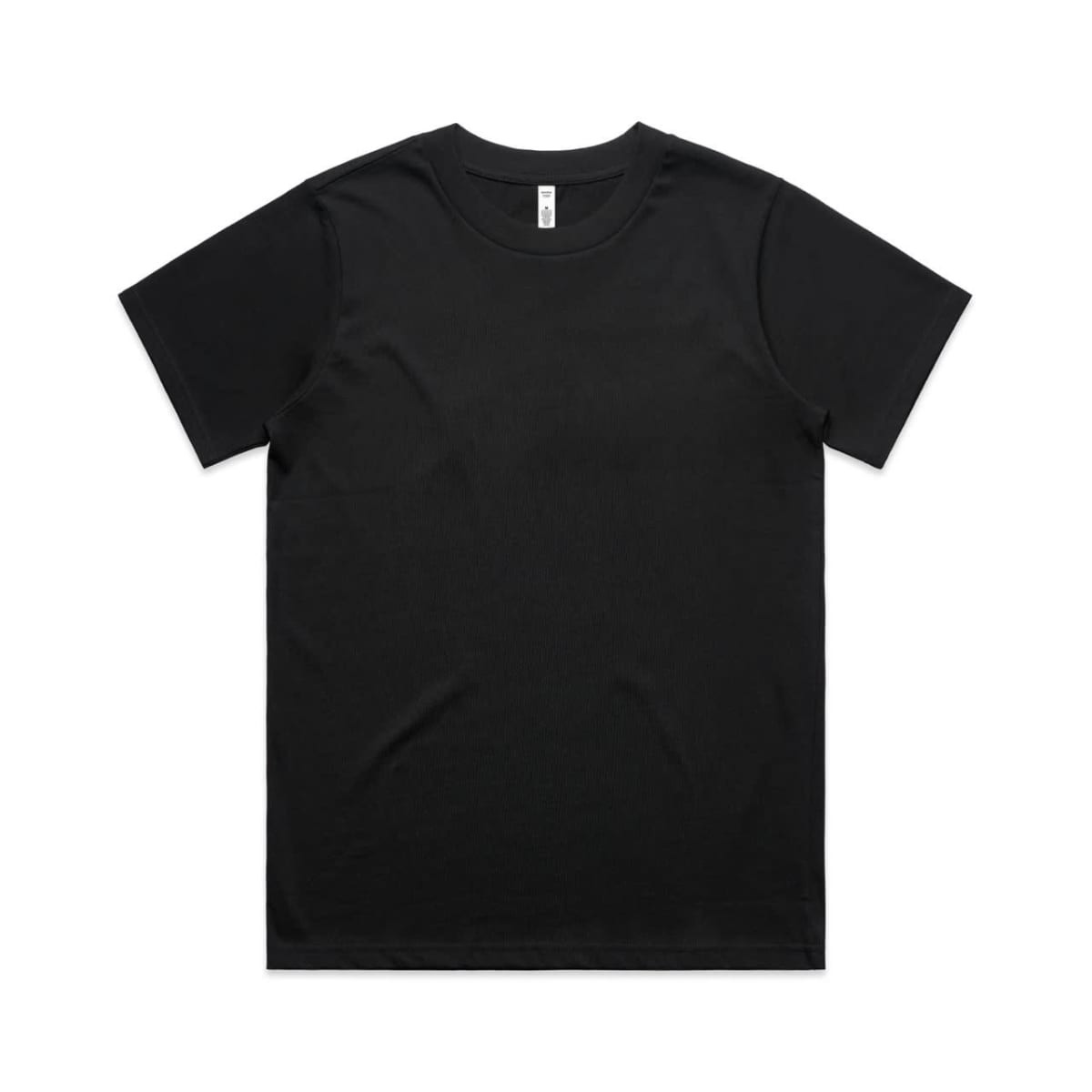 A black T-shirt with a classic fit, featuring a round neckline and short sleeves. It has a logo on the label.