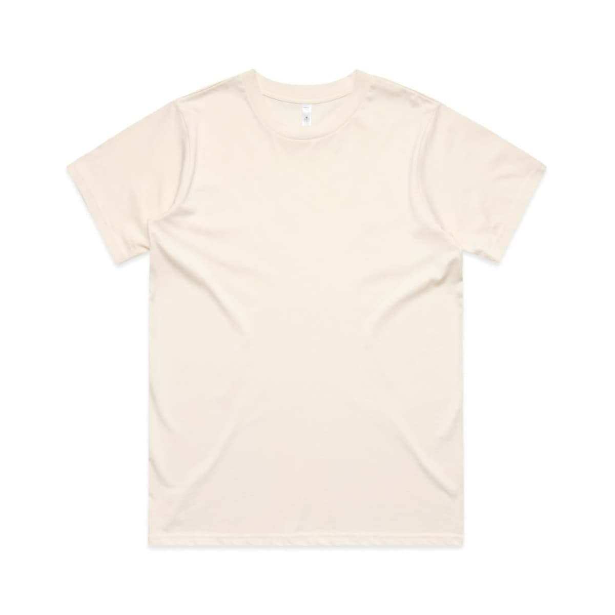 A plain cream-coloured t-shirt with a classic crew neckline and short sleeves. It features a logo on the label.