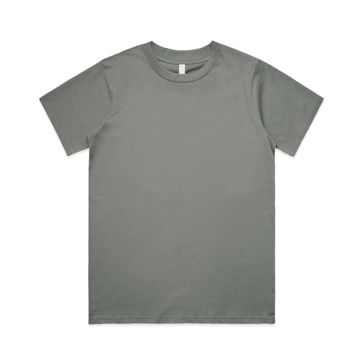 A grey t-shirt with a classic crew neckline and short sleeves. It has a logo on the label.