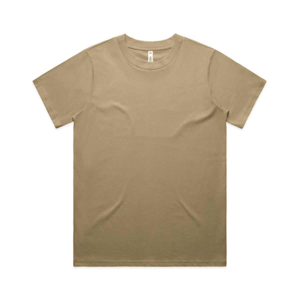 A plain khaki T-shirt featuring a crew neck and short sleeves, with a logo on the label.