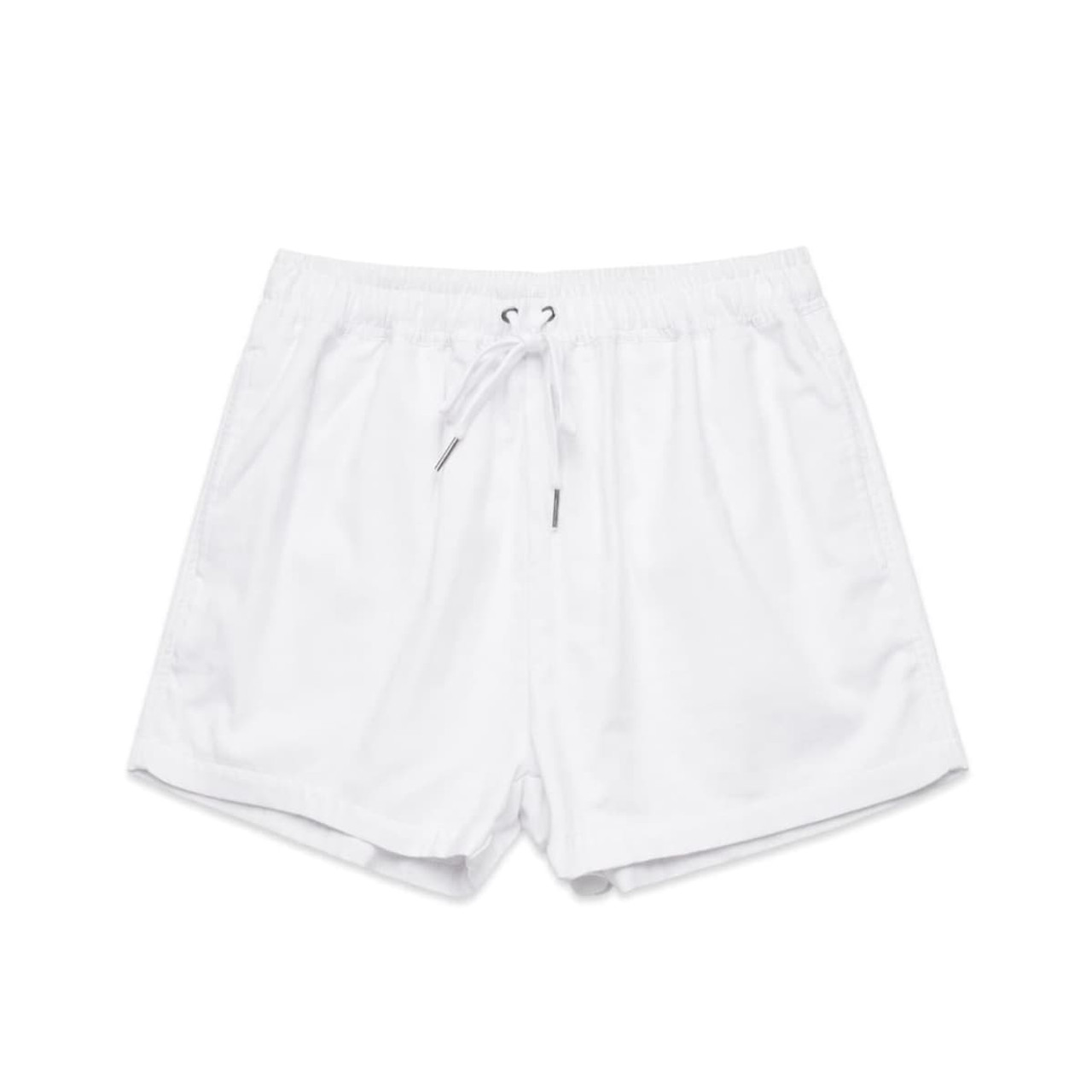 A pair of white dress shorts featuring an elastic waistband with a drawstring and a logo. A pair of white dress shorts featuring an elastic waistband with a drawstring and a logo.