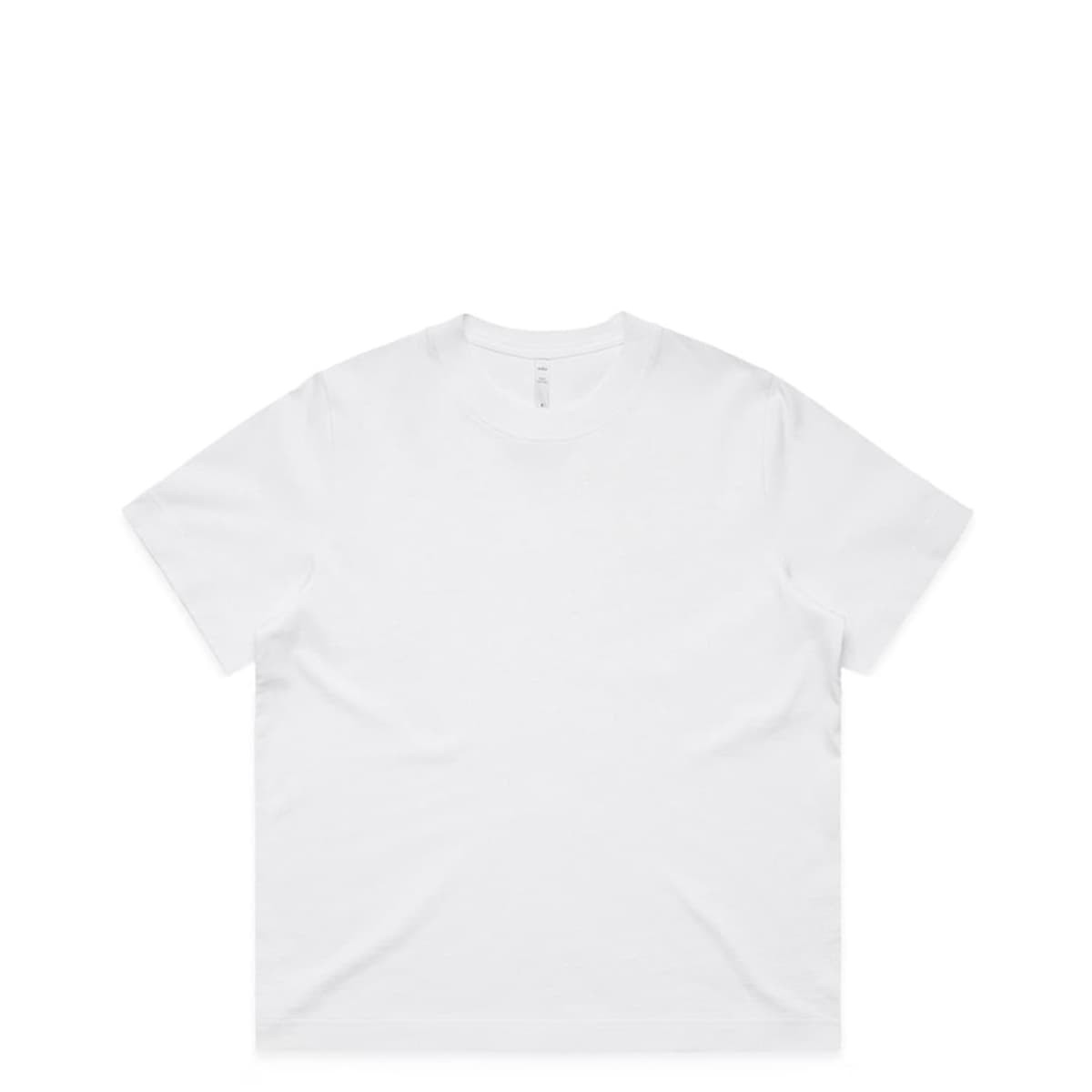 A plain white t-shirt with a loose fit, featuring a simple design and a logo. Ideal for casual wear.