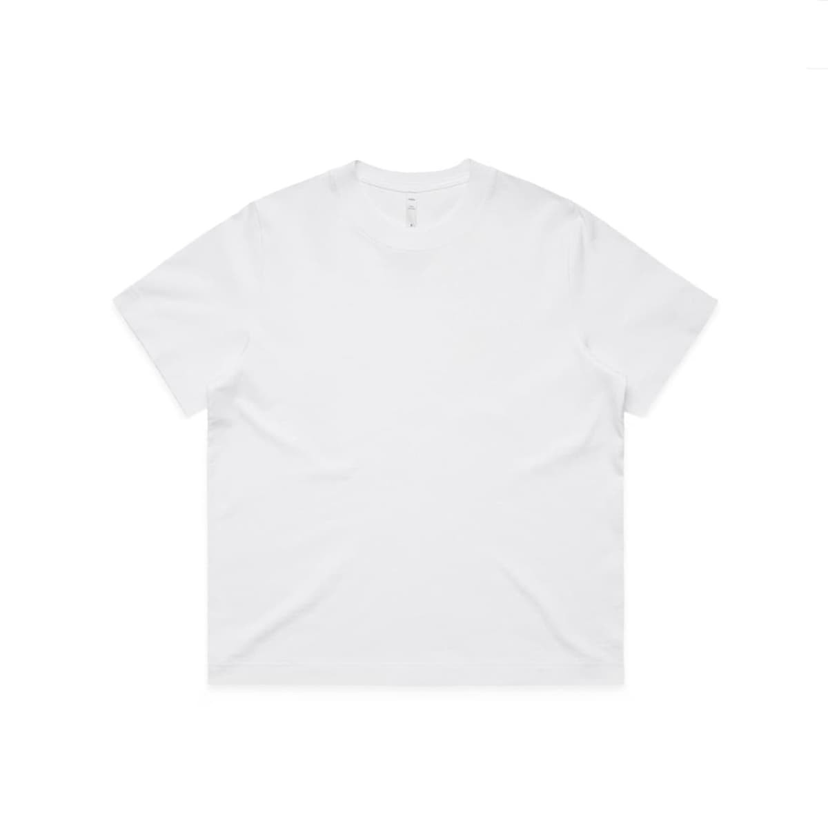 A plain white t-shirt with a relaxed fit, featuring a logo on the label.