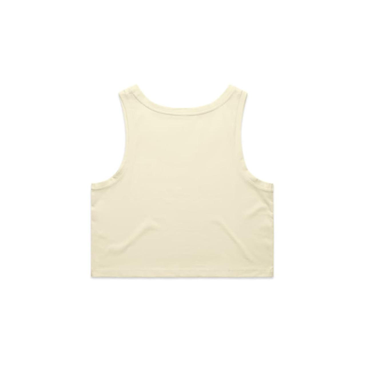 A pale yellow crop singlet featuring a simple design and a logo on the back. A pale yellow crop singlet featuring a simple design and a logo on the back.