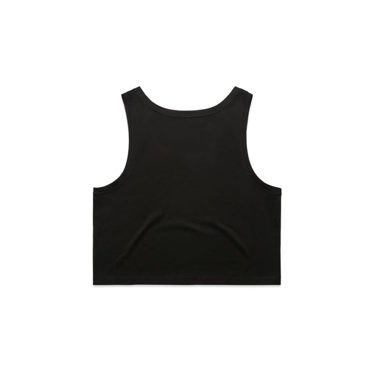 A black crop singlet featuring a simple, sleeveless design and a logo on the back. A black crop singlet featuring a simple, sleeveless design and a logo on the back.