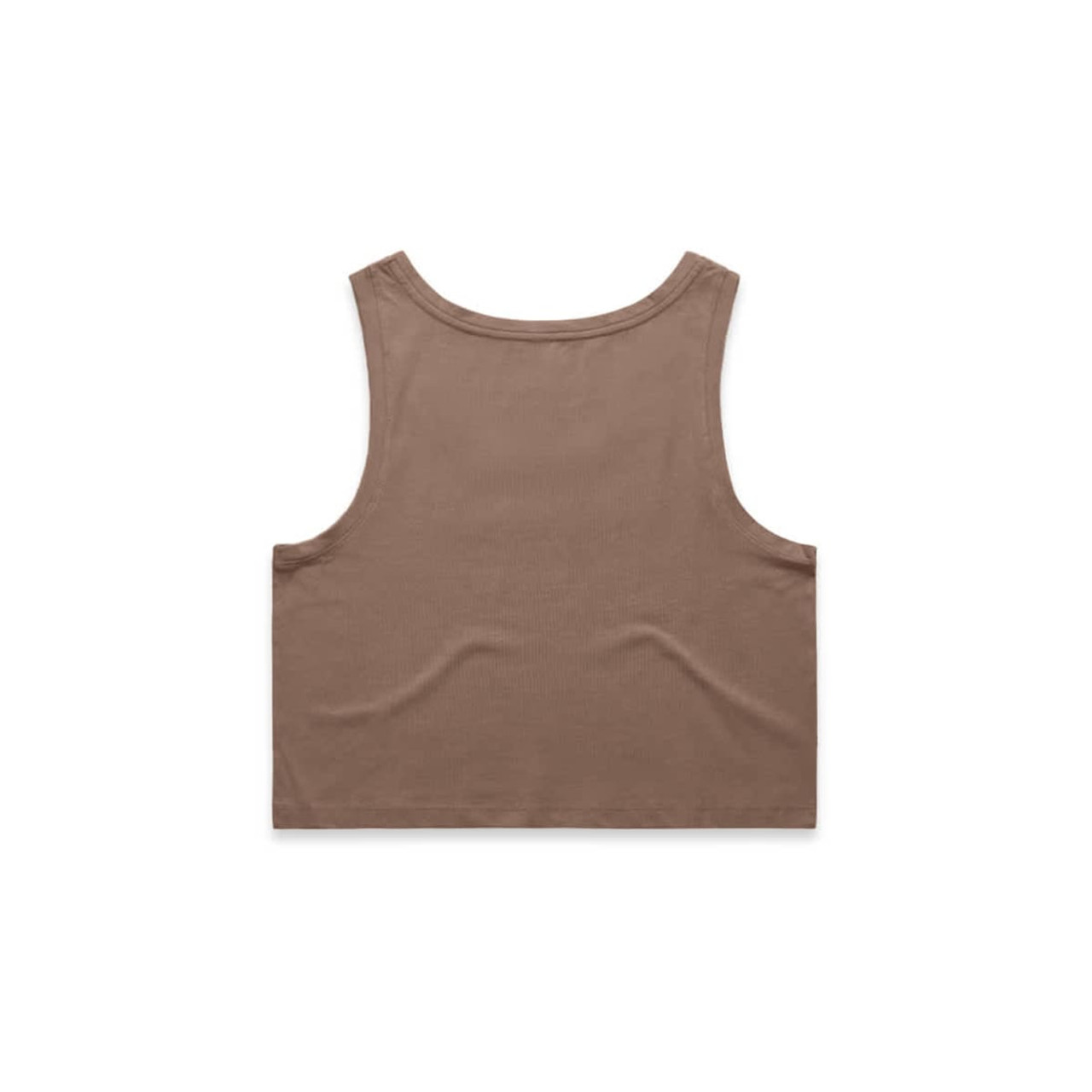 A brown crop singlet with a simple design. The back view highlights its sleeveless style and relaxed fit. A brown crop singlet with a simple design. The back view highlights its sleeveless style and relaxed fit.