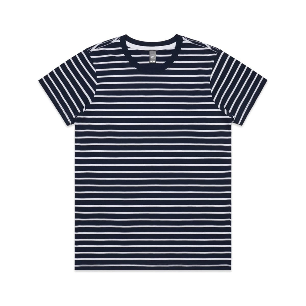 A navy blue and white striped T-shirt with short sleeves and a round neckline, featuring a logo.