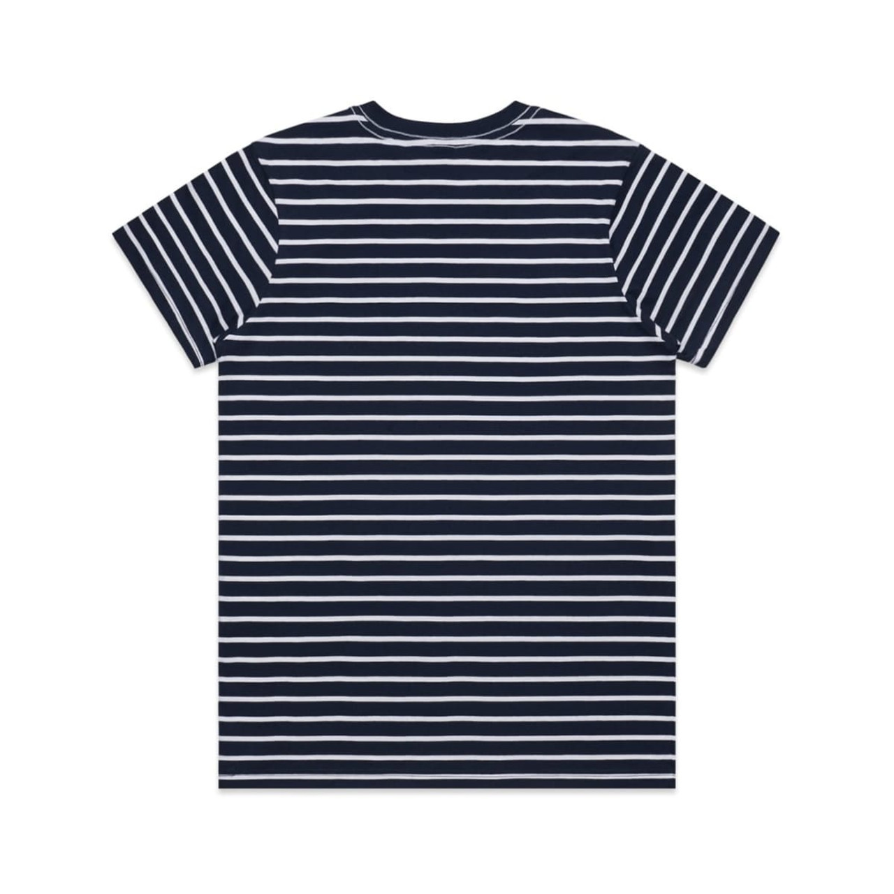 A navy and white striped T-shirt featuring a back view. Includes a branding logo.