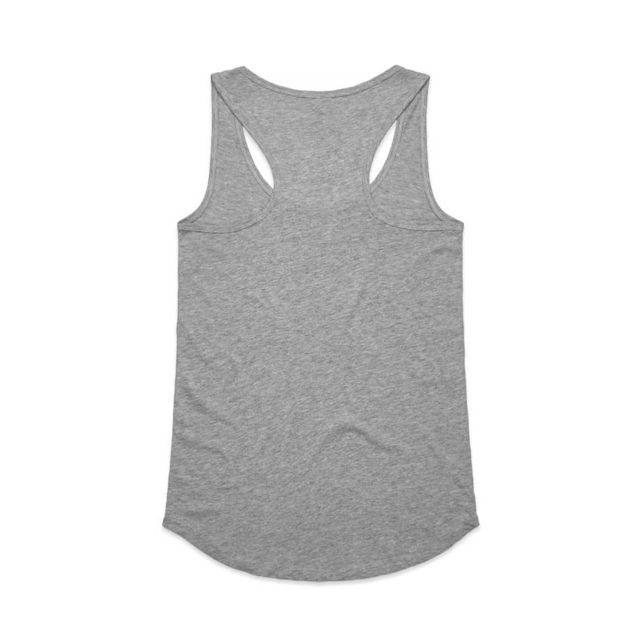 A grey racerback singlet with a curved hem and a logo on the back.