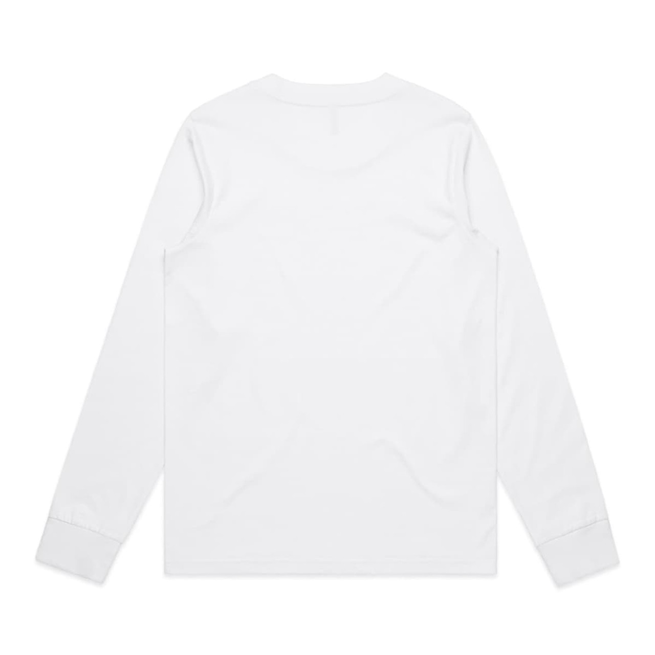 A long-sleeve tee in white with a simple, minimalist design and a small logo.