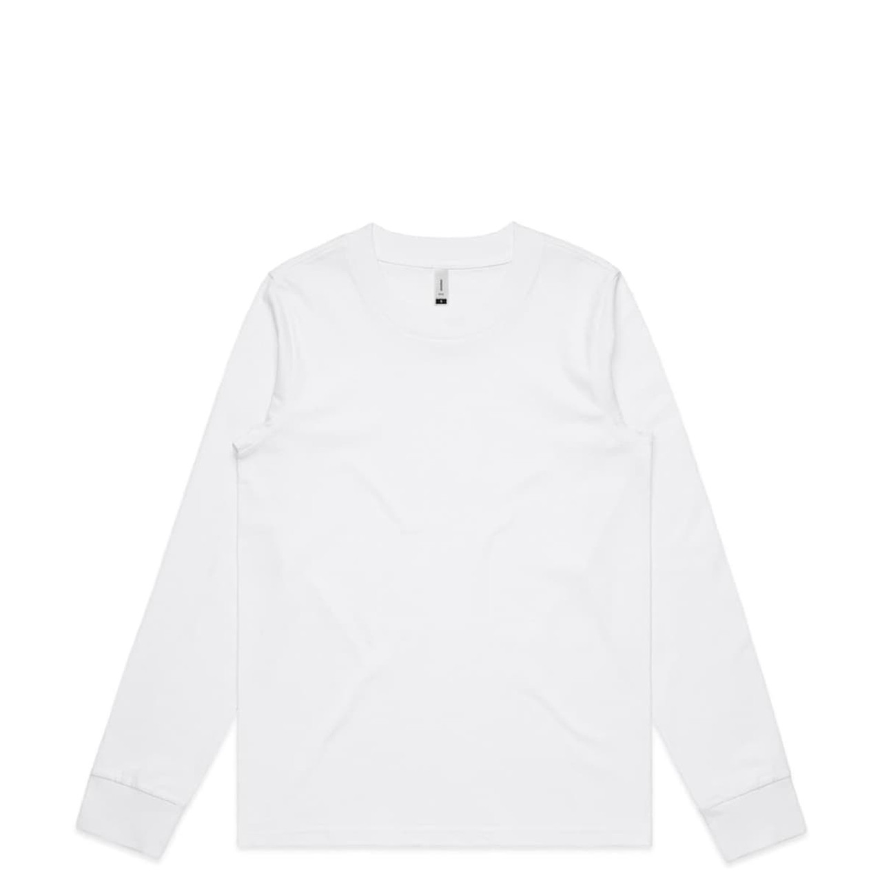 A white long-sleeve T-shirt with a crew neck and cuffs. Features a logo on the interior label.
