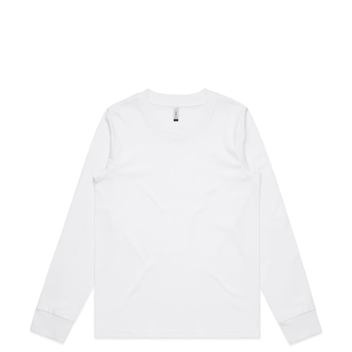 A white long-sleeve T-shirt with a crew neck and cuffs. Features a logo on the interior label.