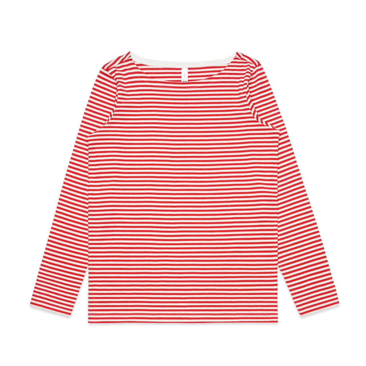 A long-sleeved t-shirt featuring red and white horizontal stripes and a rounded neckline. It has a branding logo.