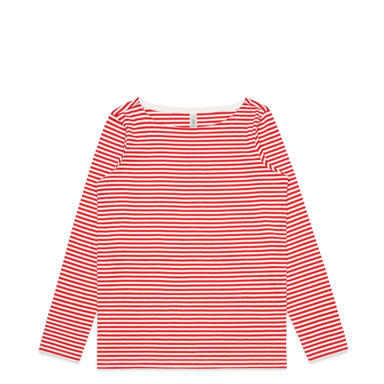 A long-sleeved T-shirt featuring red and white horizontal stripes, with a rounded neckline and a logo.