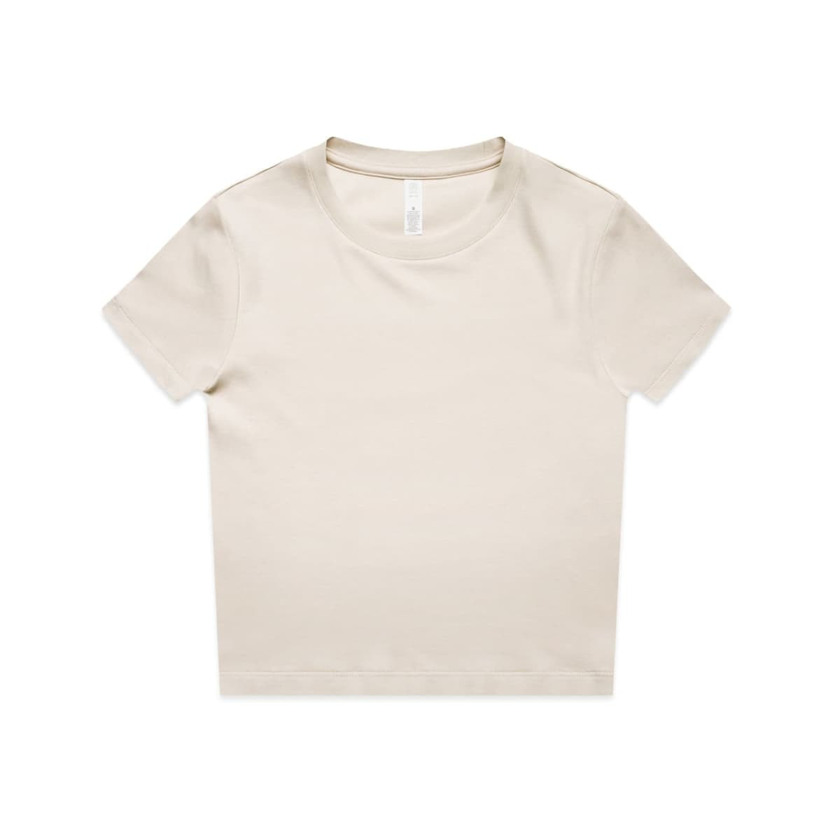 A short-sleeved, light beige t-shirt with a round neckline and a logo on the label.