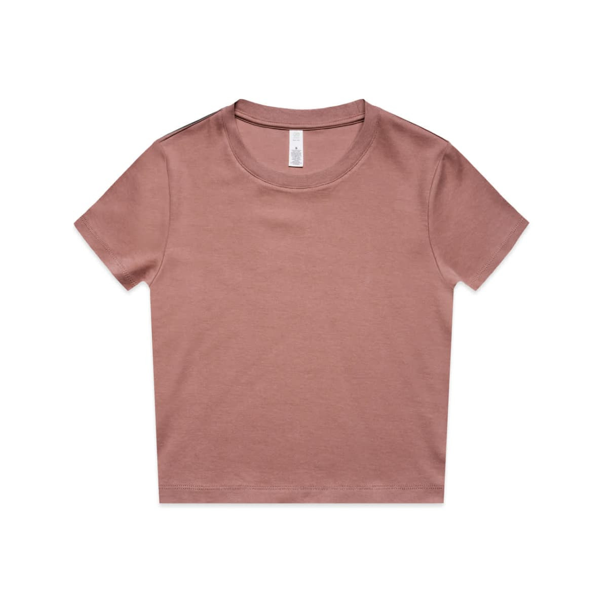 A short-sleeved tee in a muted rose colour, featuring a round neck and a label inside. It has a simple design.