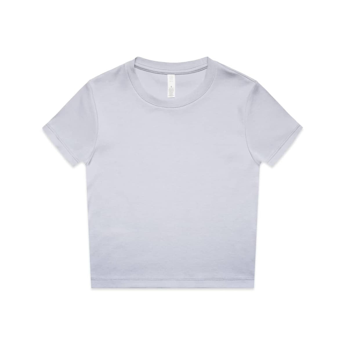 A light grey short-sleeve T-shirt with a crew neck and a tag, featuring a logo on the inside label.