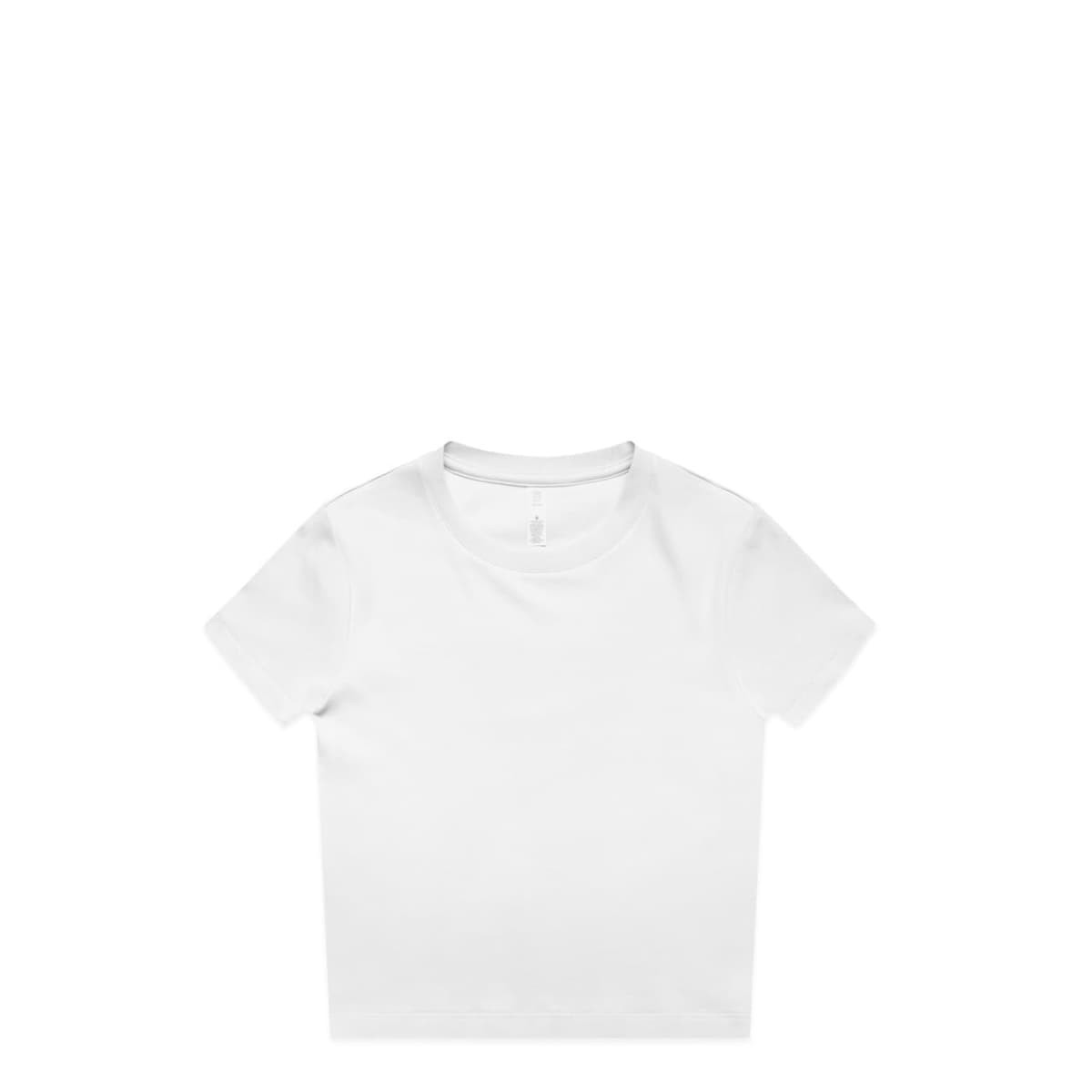 A white mini t-shirt with a crew neck and short sleeves, featuring a logo on the inside label.