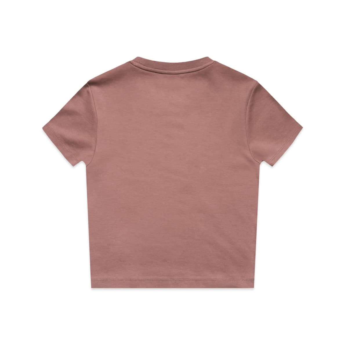 A short-sleeved, dusty pink t-shirt with a simple design and a logo on the back.