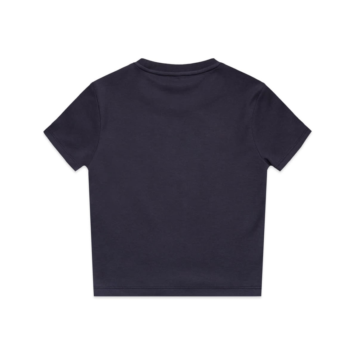 A dark navy T-shirt with a crew neck and short sleeves, featuring a logo on the back.