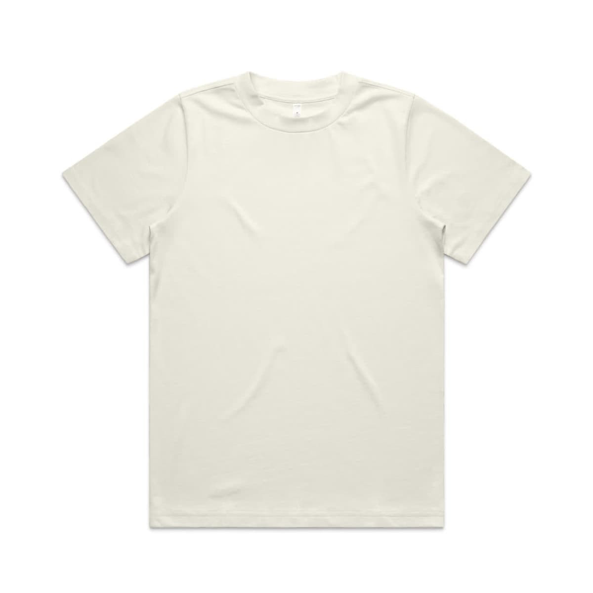 A plain, cream-coloured T-shirt with a round neck and short sleeves. It features a logo on the label.