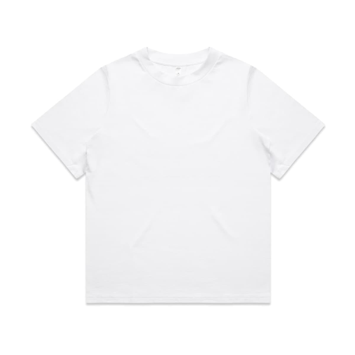A white heavy t-shirt featuring a simple design and a logo on the side.