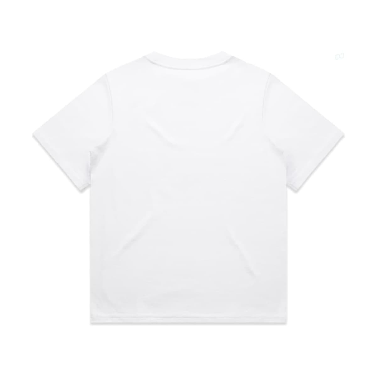 A plain white t-shirt with short sleeves, featuring a logo on the back.