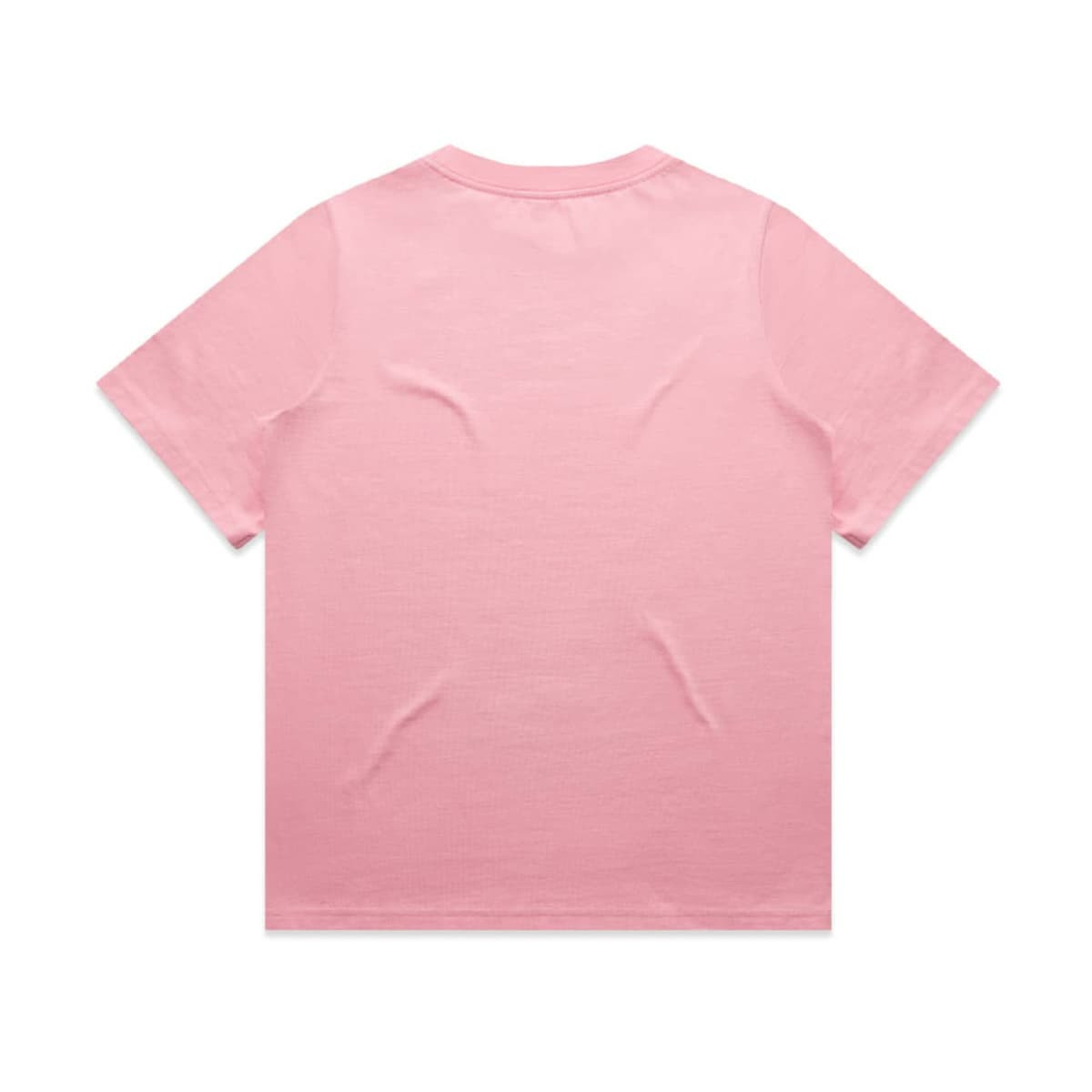 A plain pink T-shirt with a round neck and short sleeves. It features a logo on the back.