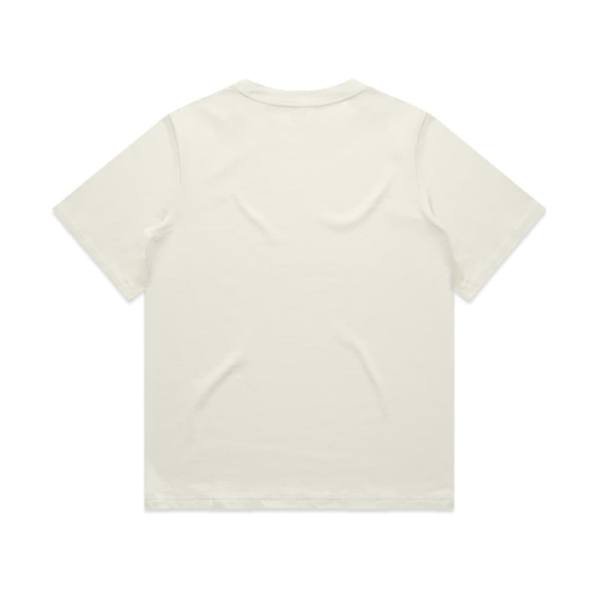 A cream-coloured t-shirt featuring short sleeves and a plain back design. It has a branding logo.