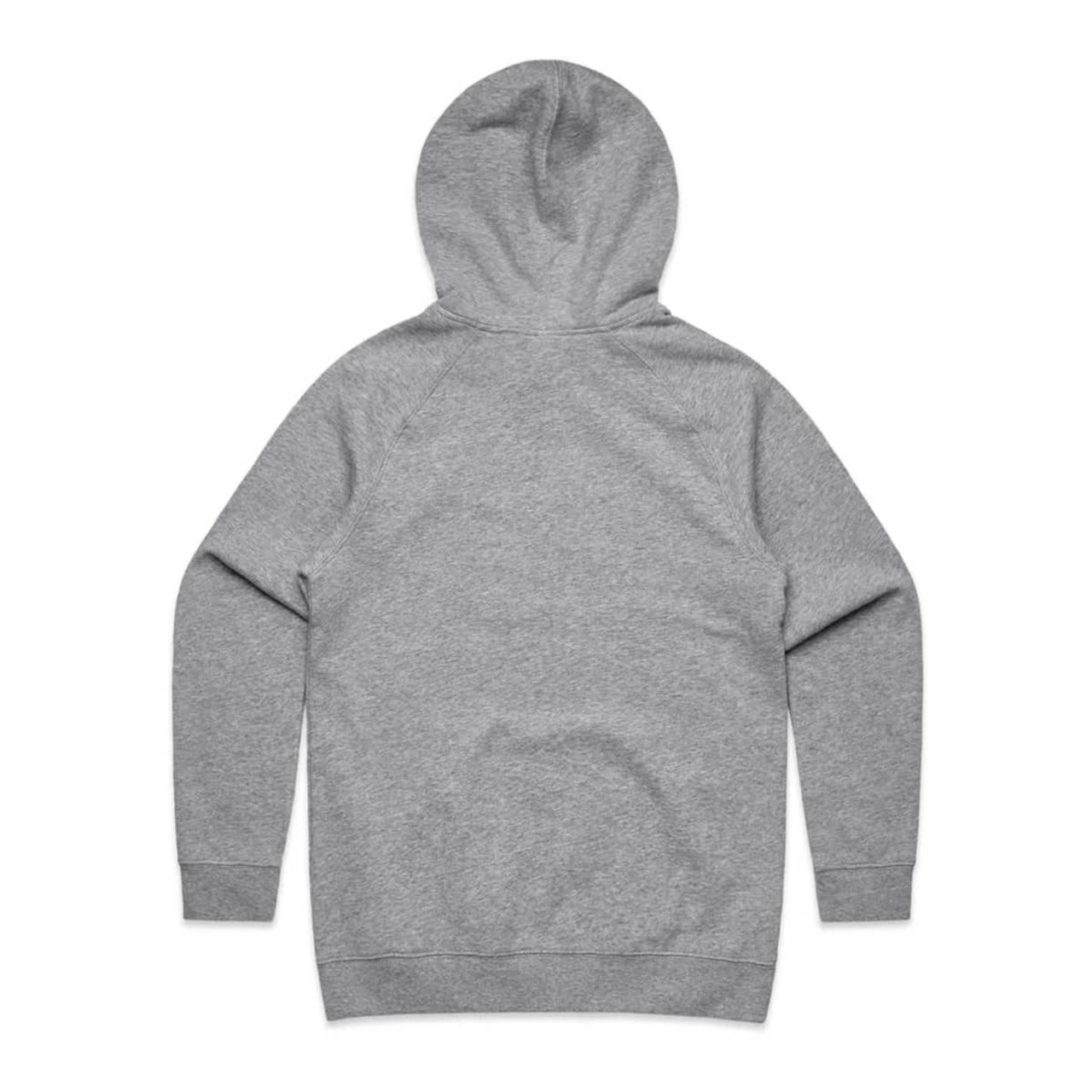 A grey hoodie showcasing a simple design with a hood and long sleeves, featuring a logo on the back.