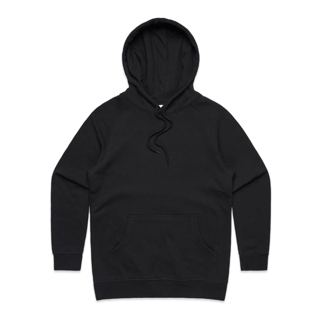 A black hoodie featuring a front pocket and a drawstring hood. It has a simple design and includes a logo.