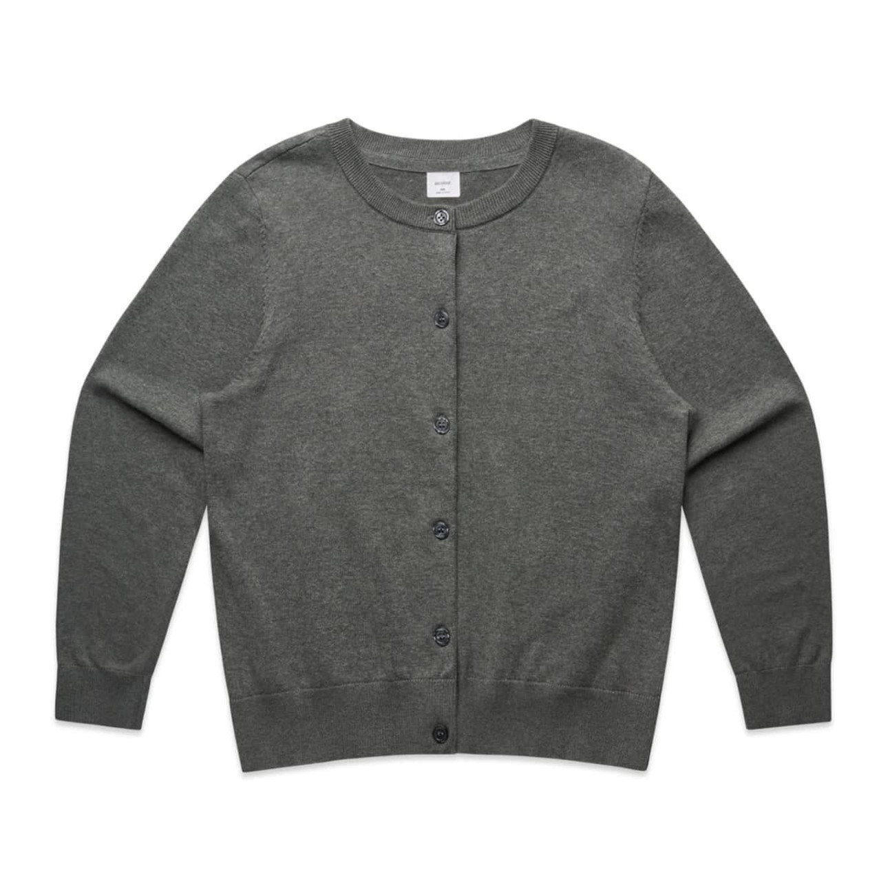 A grey knit cardigan with a round neckline and front button closure, featuring long sleeves and ribbed hem.